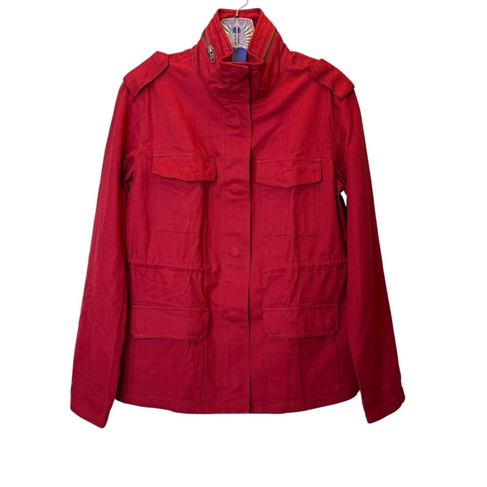 ChouYatou Red Cotton Utility Light Denim Jacket Multiple Pockets Womens M